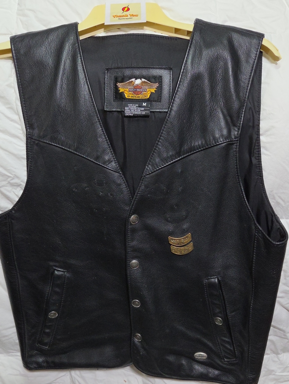Men's Black Leather Harley Davidson Biker Vest - Embossed Panel Design